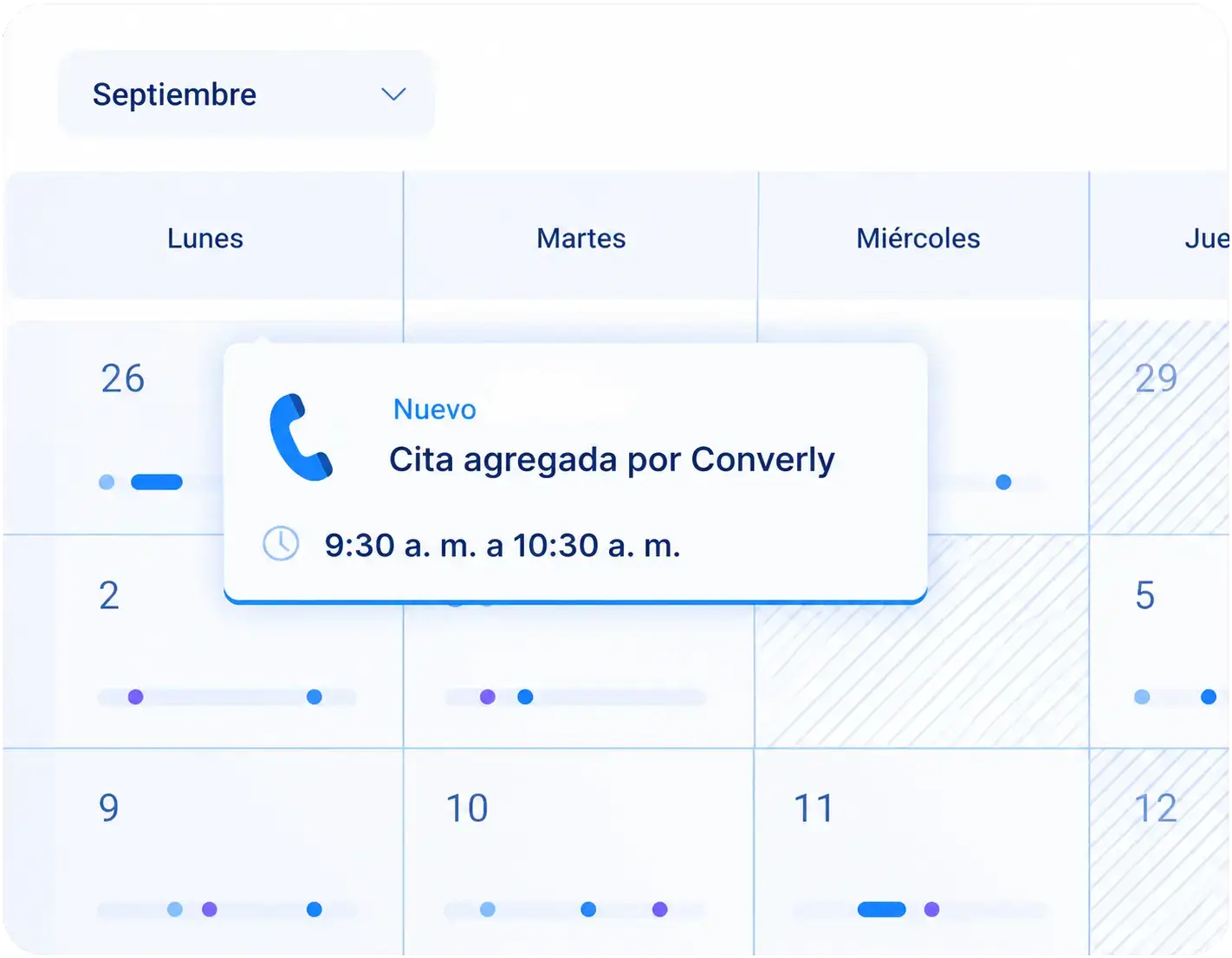Calendario con cita agregada automáticamente por Converly