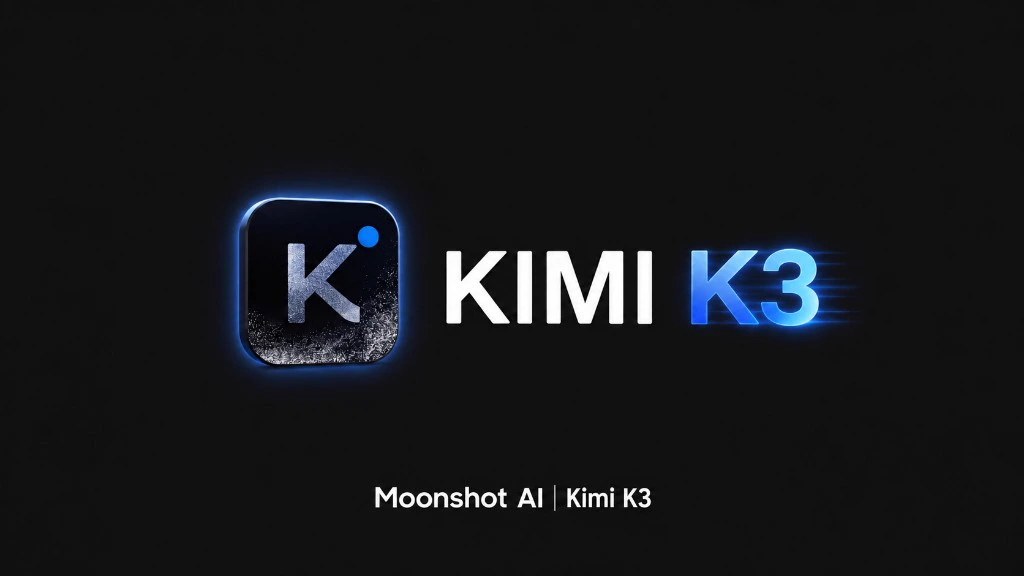 Carátula Kimi K3 de Moonshot AI sobre fondo negro con tipografía blanca y azul