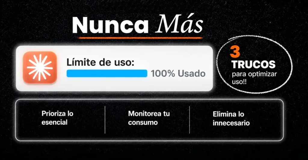 Gráfico Nunca Más con límite de uso al 100% y tres trucos para optimizar tokens: priorizar lo esencial, monitorear consumo y eliminar lo innecesario